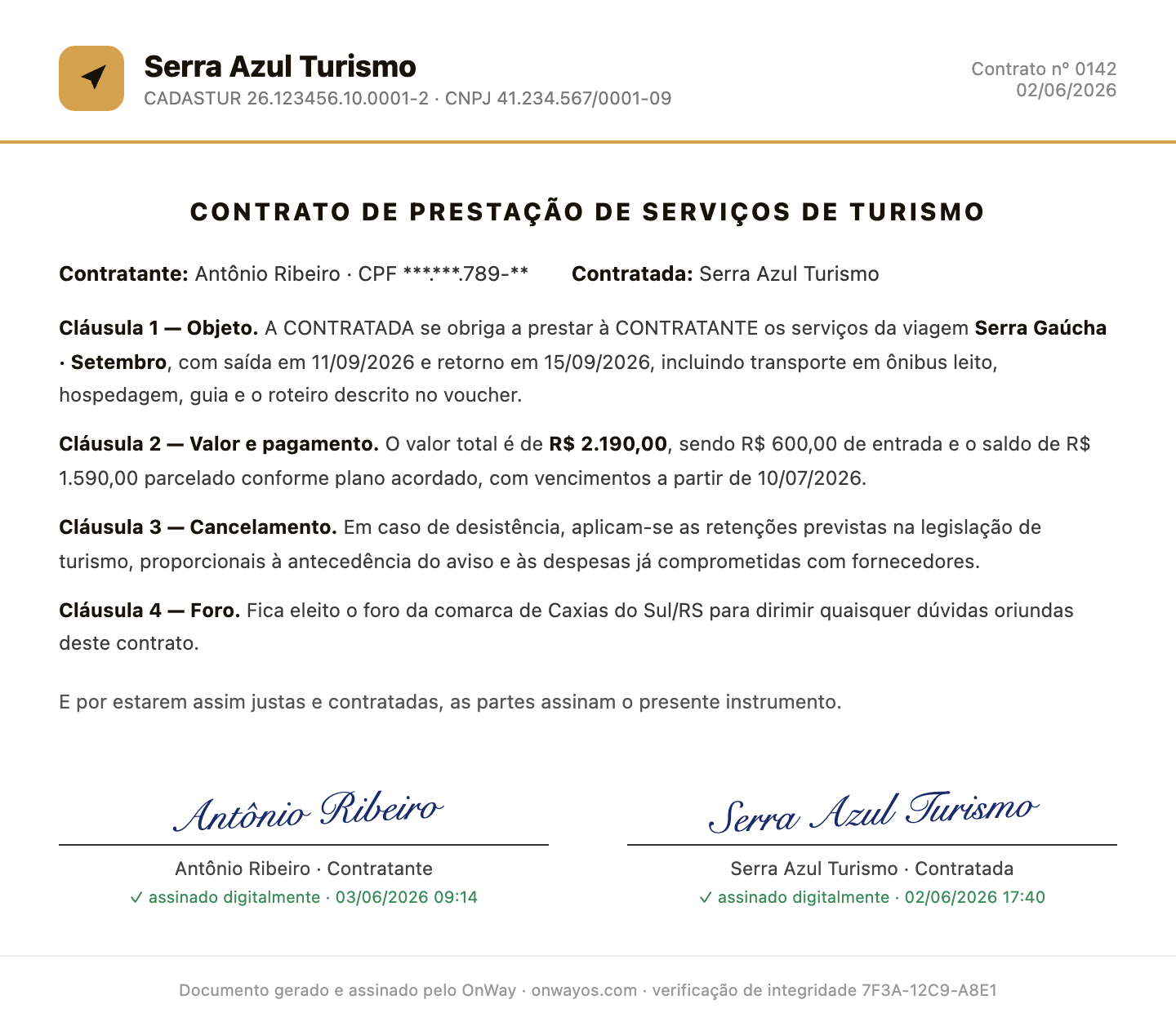 Contrato de prestacao de servicos de turismo gerado pelo OnWay, com clausulas e assinatura digital do contratante e da agencia