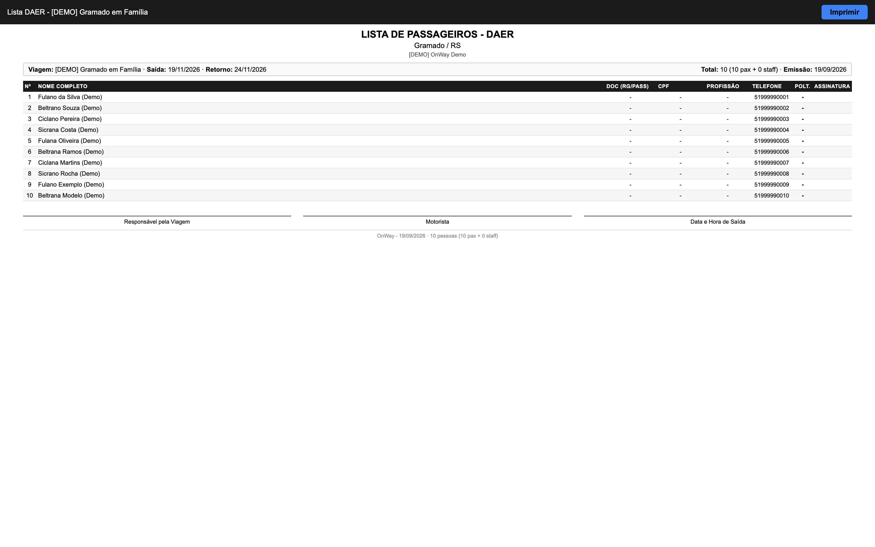 Lista de passageiros do OnWay no formato exigido pelo DAER: cabeçalho com a viagem, as datas e o total, e a lista numerada com nome, documento, CPF, profissão, telefone, poltrona e campo de assinatura