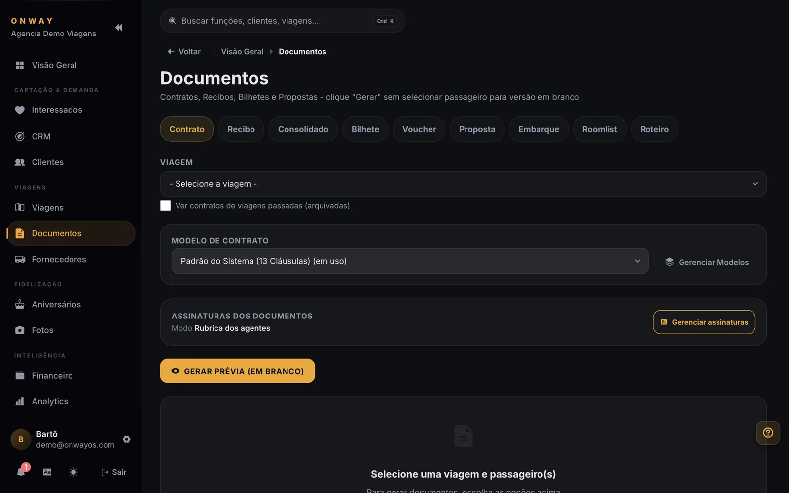 Painel de gestão de contratos do OnWay: passageiros, valor, status assinado ou pendente e ações por documento