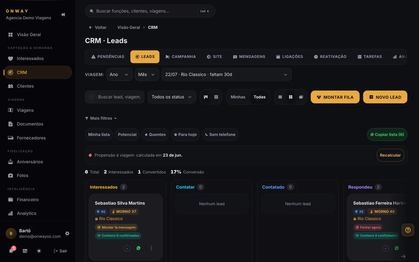 Kanban de leads do OnWay com propensão de compra, fila de ligações e os estágios do funil