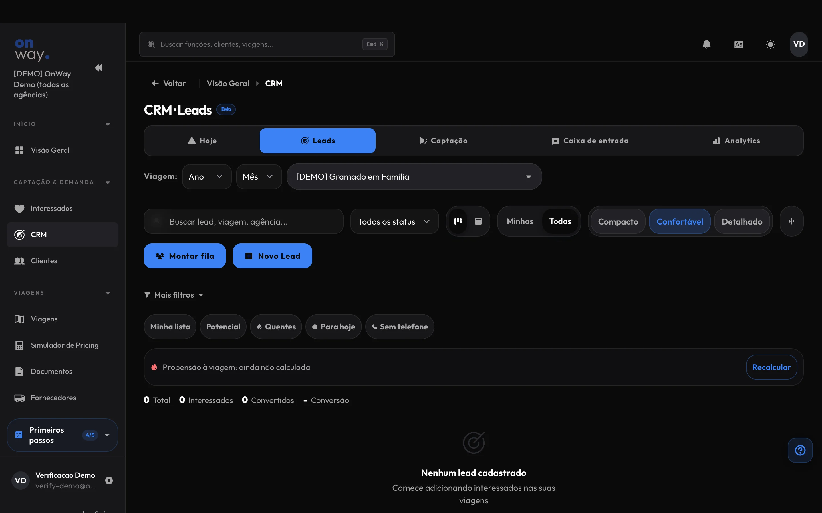 Kanban de leads do OnWay com propensão de compra, fila de ligações e os estágios do funil