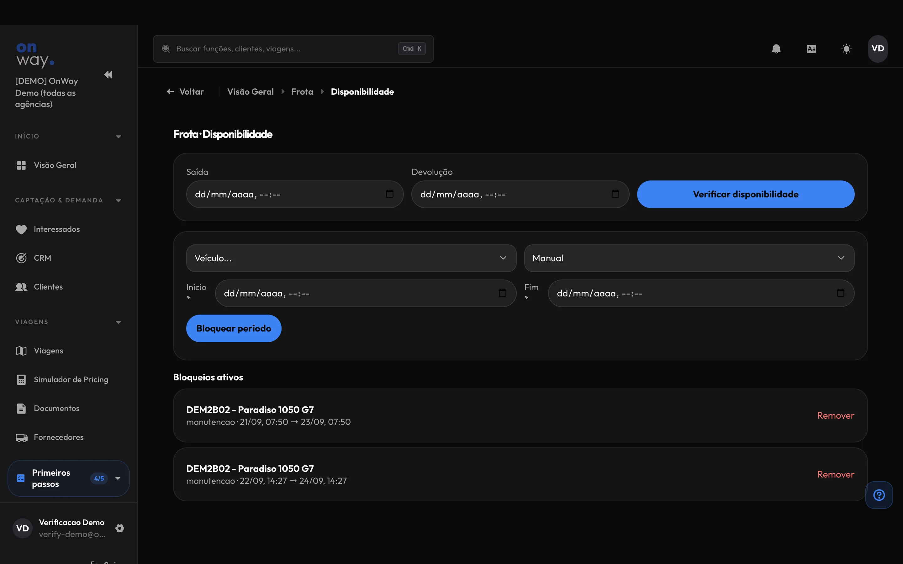 Painel de disponibilidade de frotas do OnWay OS: controle de saídas, devoluções e bloqueios ativos por manutenção preventiva