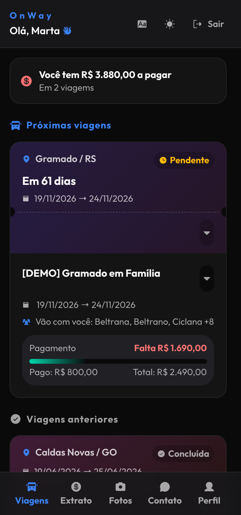 Portal do passageiro do OnWay no celular: próximas viagens, pendência de pagamento e viagens anteriores