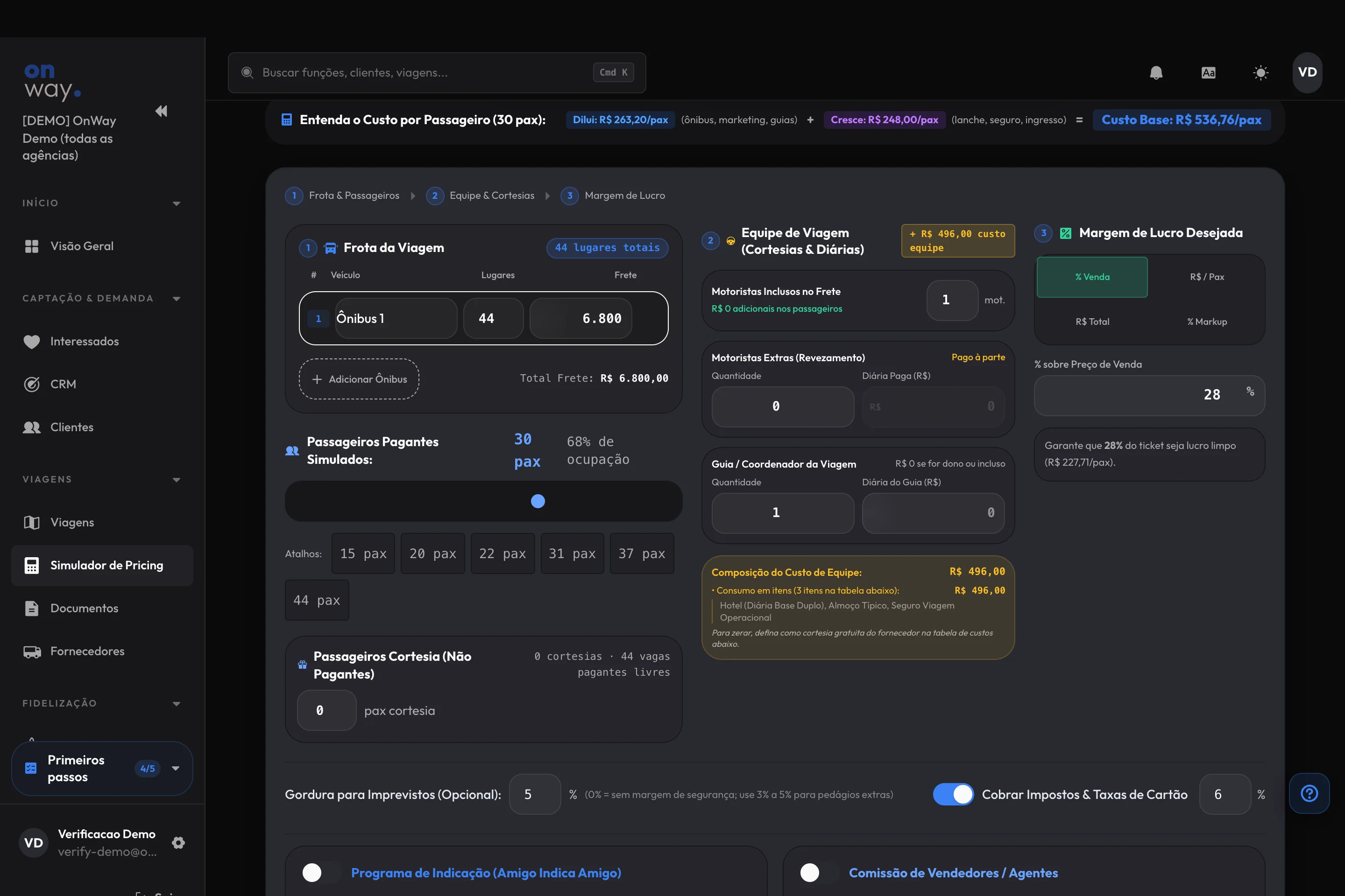 Resultado do simulador de pricing do OnWay: preço sugerido por passageiro, custo total, lucro projetado e ponto de equilíbrio em número de passageiros