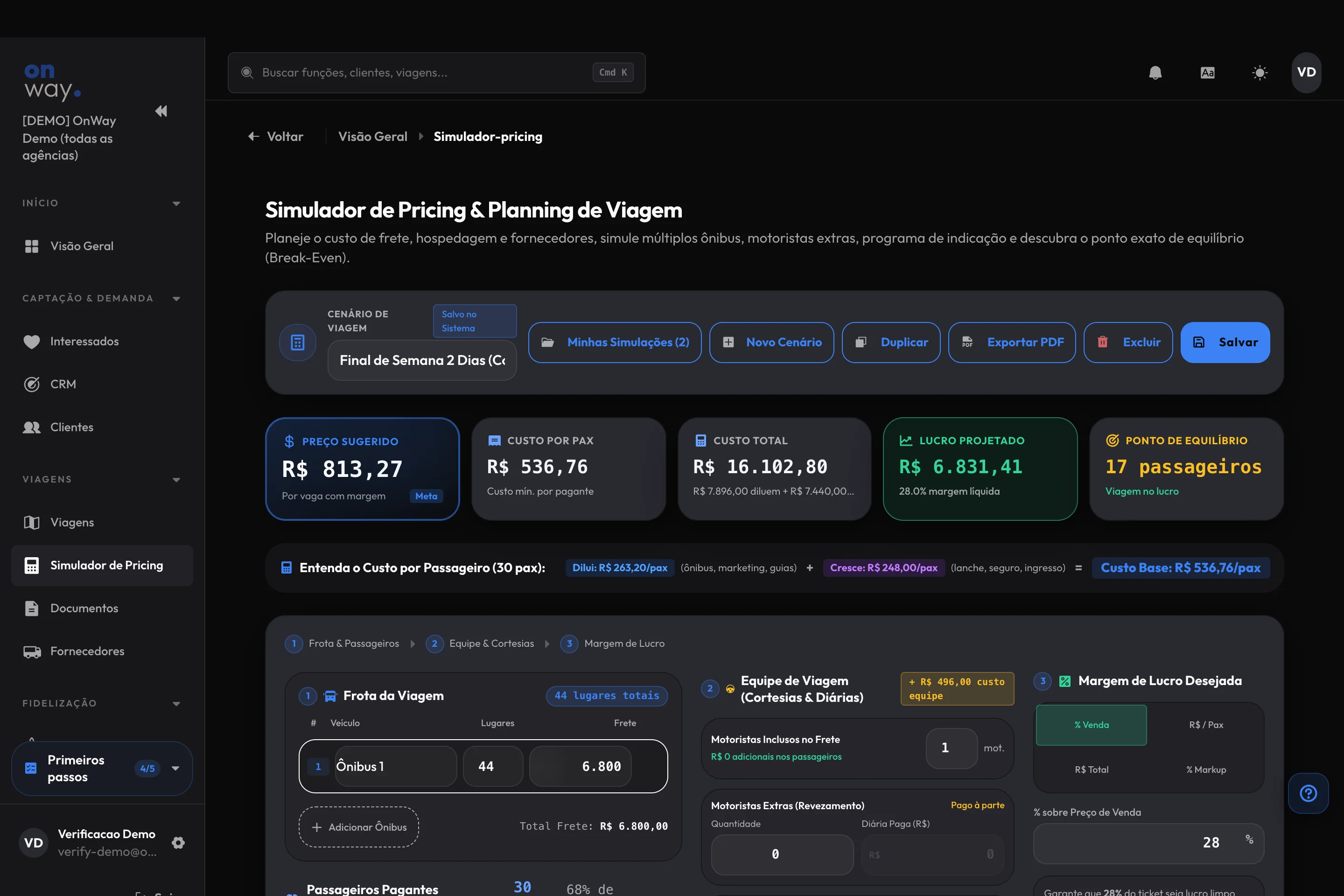 Simulador de pricing e planning de viagem do OnWay: frota de ônibus, motoristas, guia e margem de lucro desejada calculando o ponto de equilíbrio