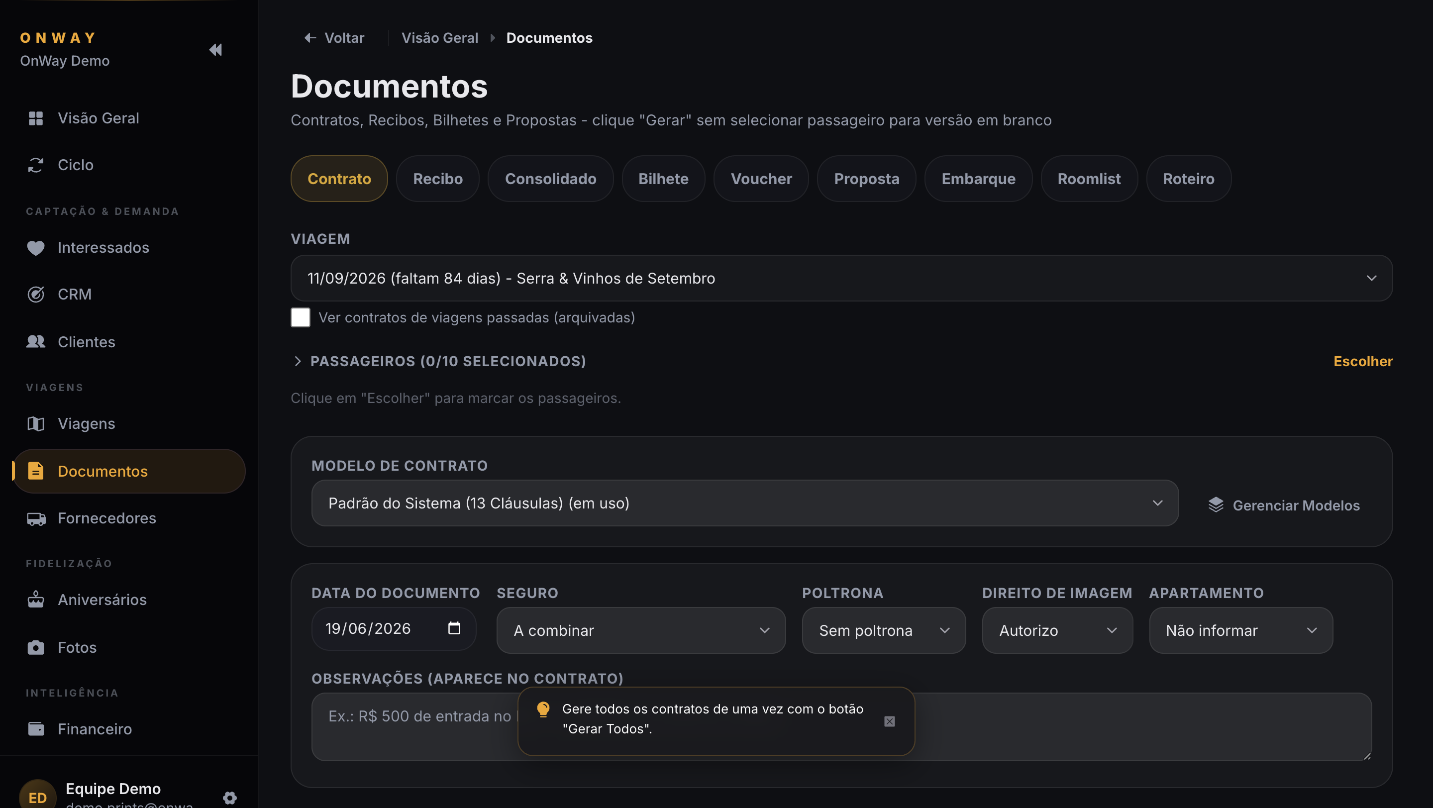 Tela de documentos do OnWay com abas de contrato, recibo, voucher, proposta, embarque e roomlist
