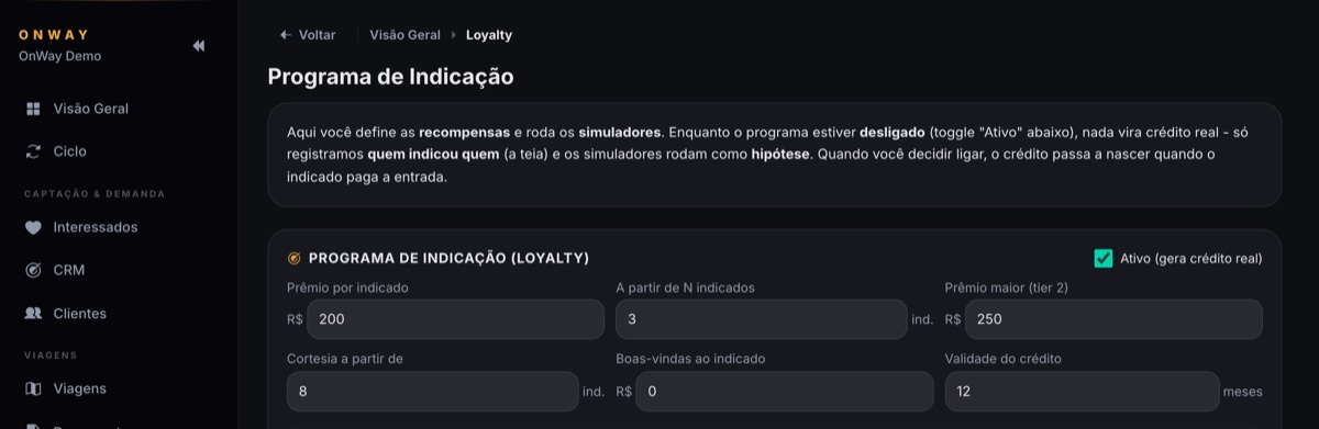 Configuração do programa de indicação do OnWay: prêmio por indicado, prêmio maior, cortesia e validade do crédito