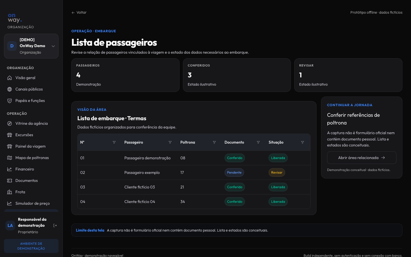 Prototipo visual de lista de pasajeros, con datos ficticios; no es una captura de la aplicación real.