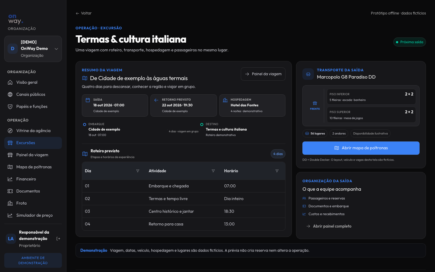 Visual prototype of excursions, fictional data; not a screenshot of the real app.
