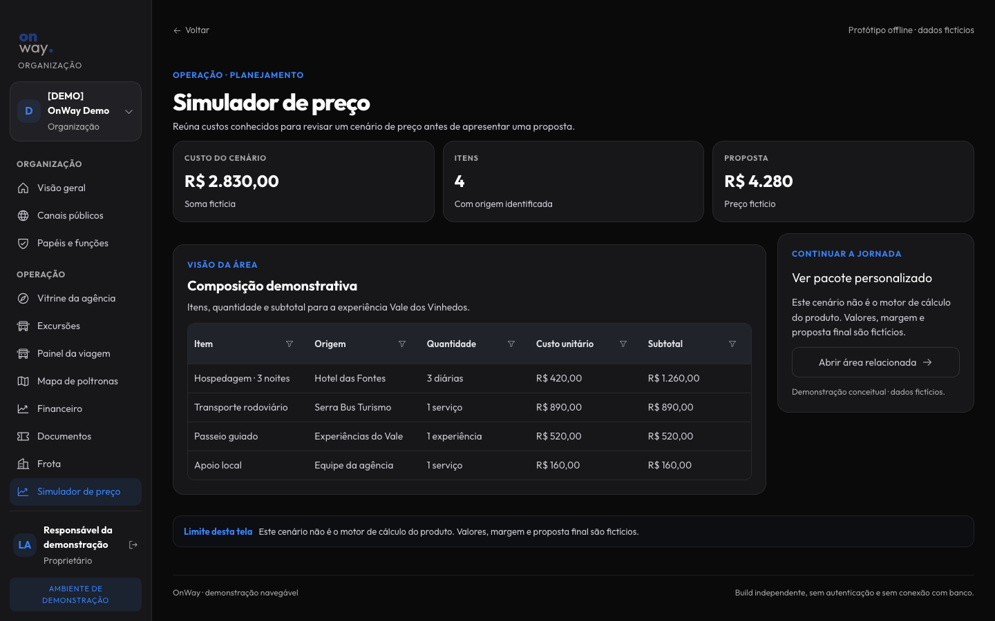 Prototype price simulator with fictional costs and proposal