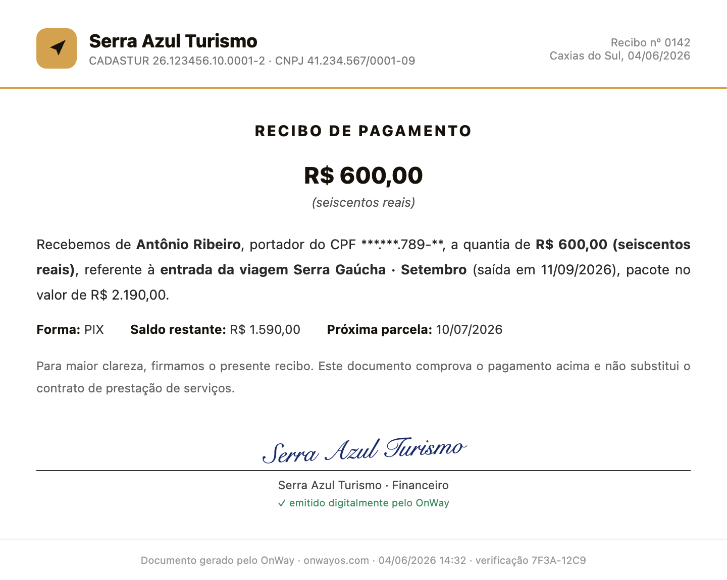 Recibo de pagamento gerado pelo OnWay, com valor por extenso, forma de pagamento e saldo restante